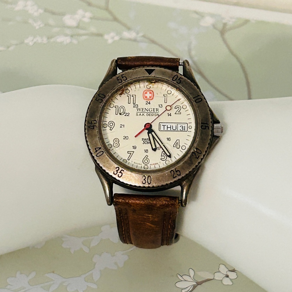 Wenger Men's White Dial Watch with Brown Leather Strap